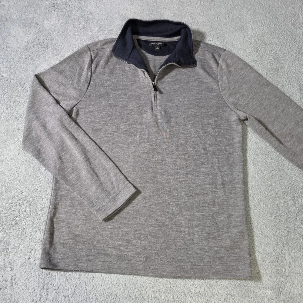 Banana Republic Mens Large Quarter Zip Pullover Grey Navy Mock Neck Heathered